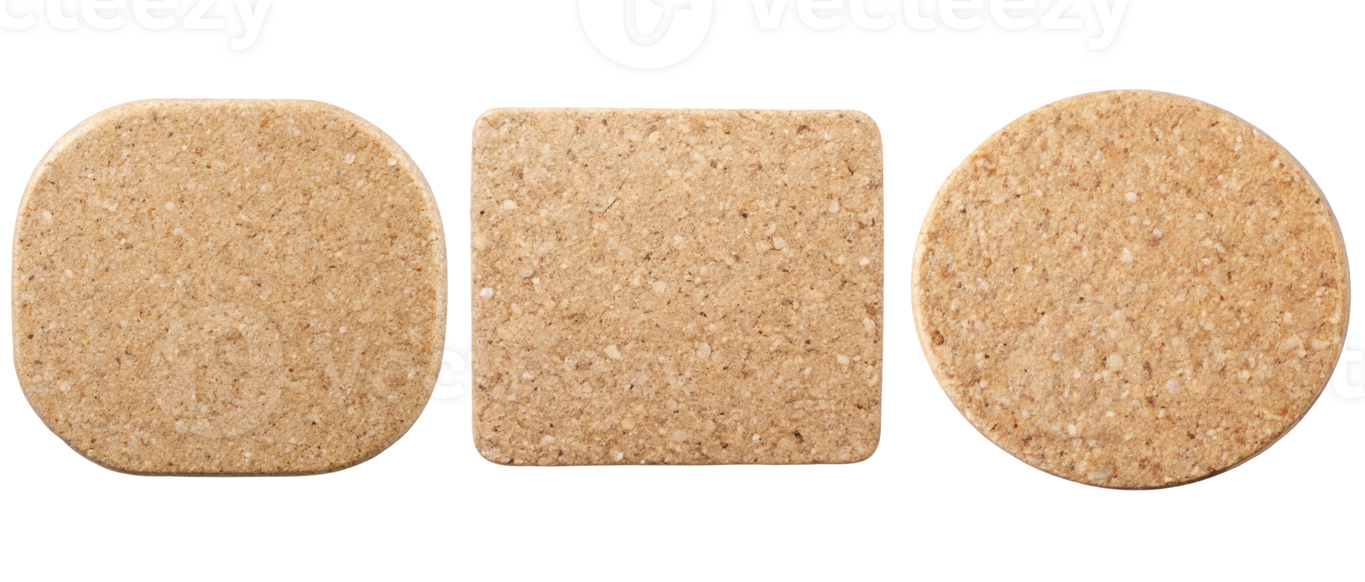 Three cork coasters in different shapes on a transparent background png