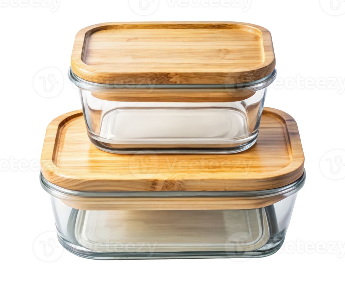 Two glass food containers with wood lids on a transparent background png