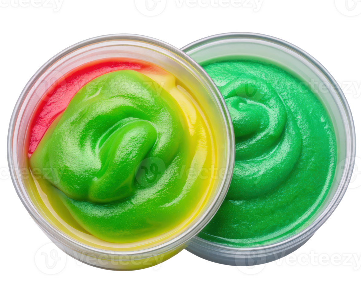Two bowls of colorful creamy dessert on a transparent background png