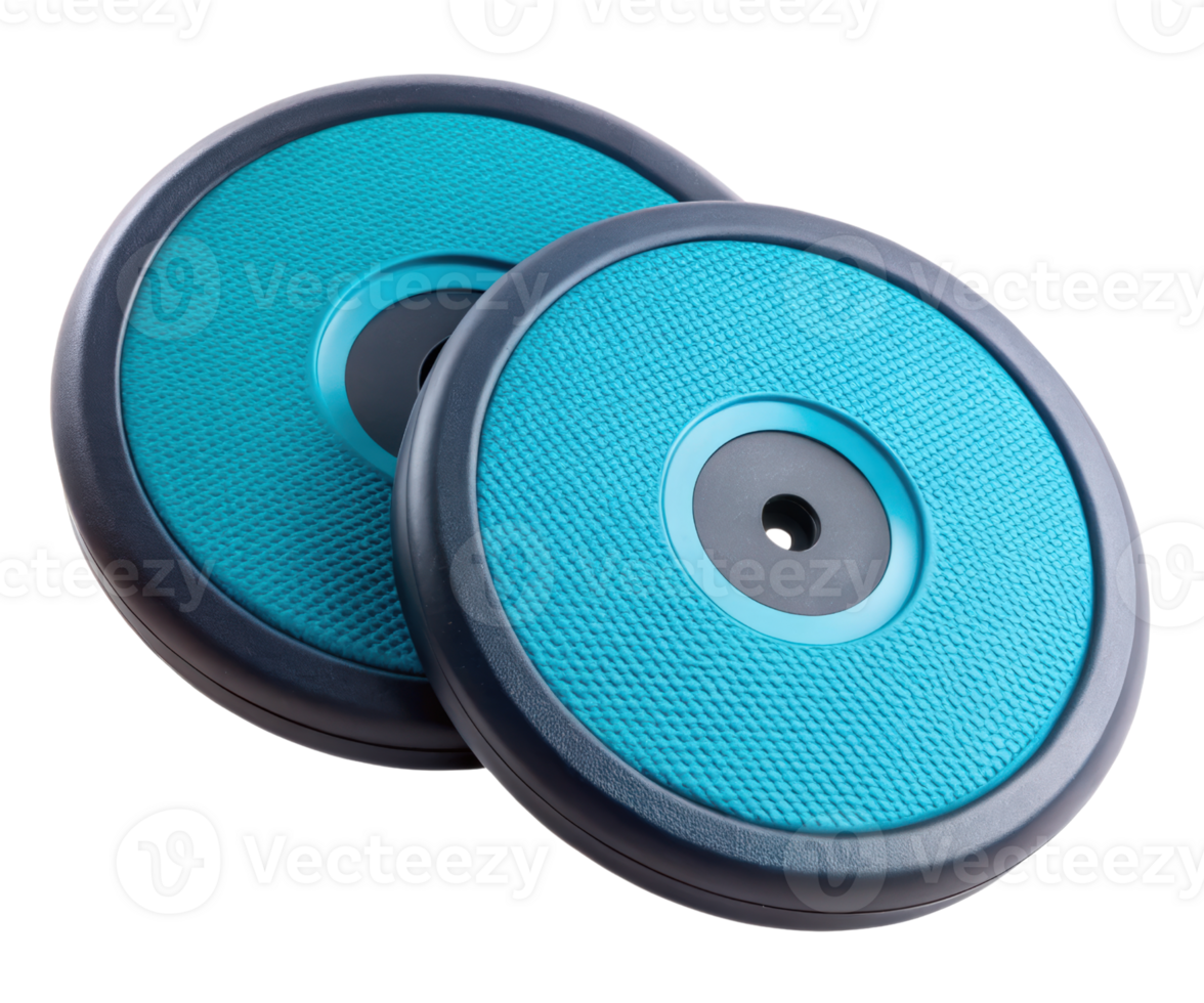 Pair of teal fitness weight plates on a transparent background png