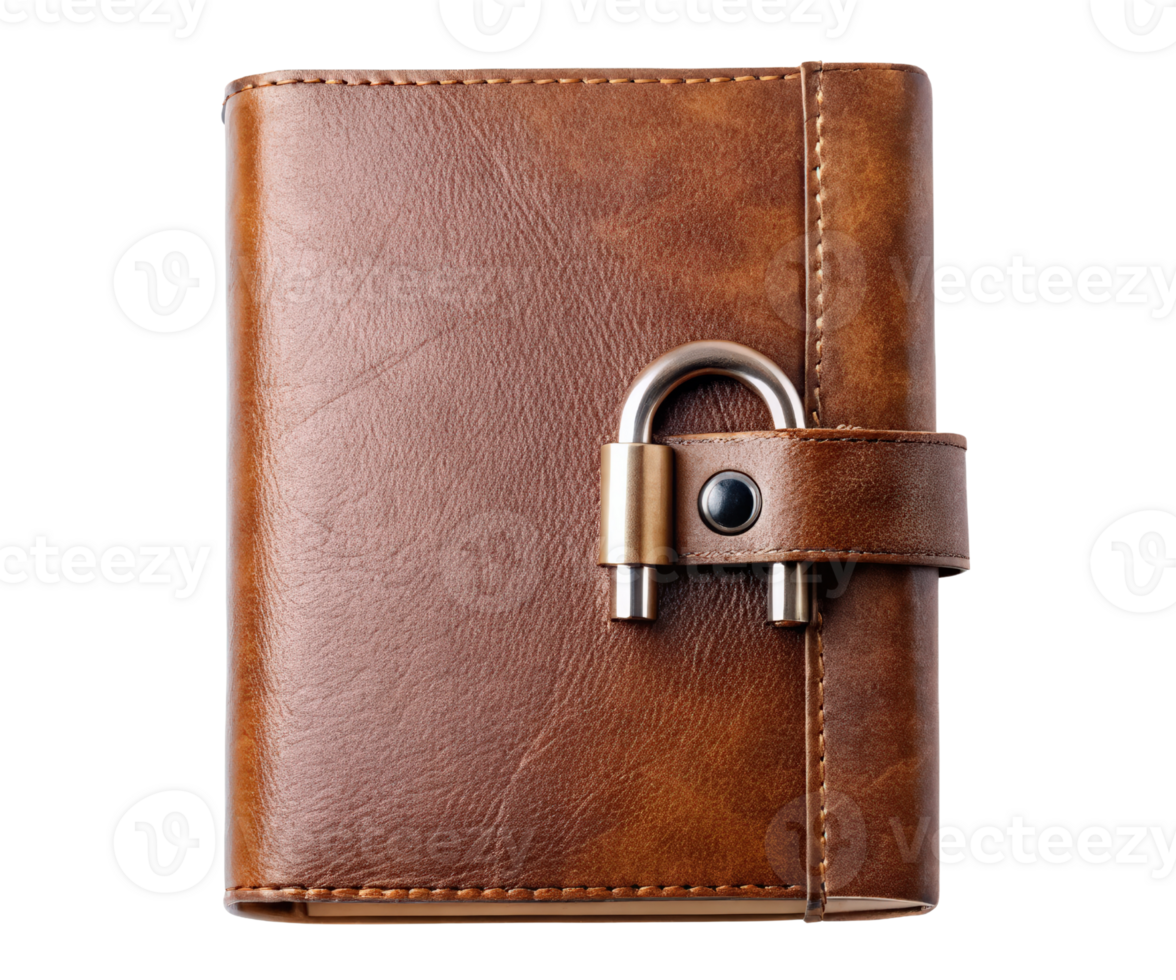Brown leather journal with lock clasp on a transparent background png