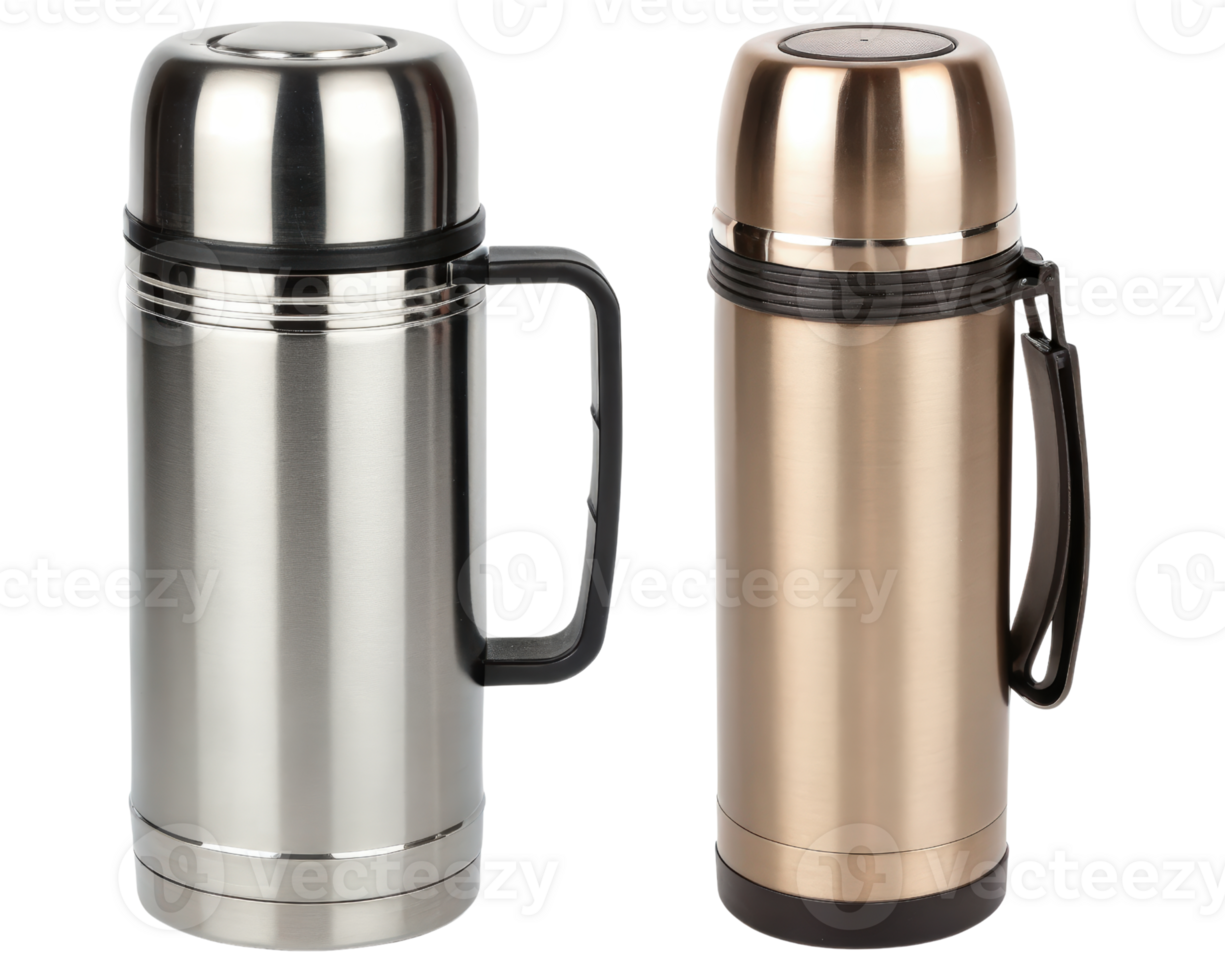 Two stainless steel thermoses on a transparent background png