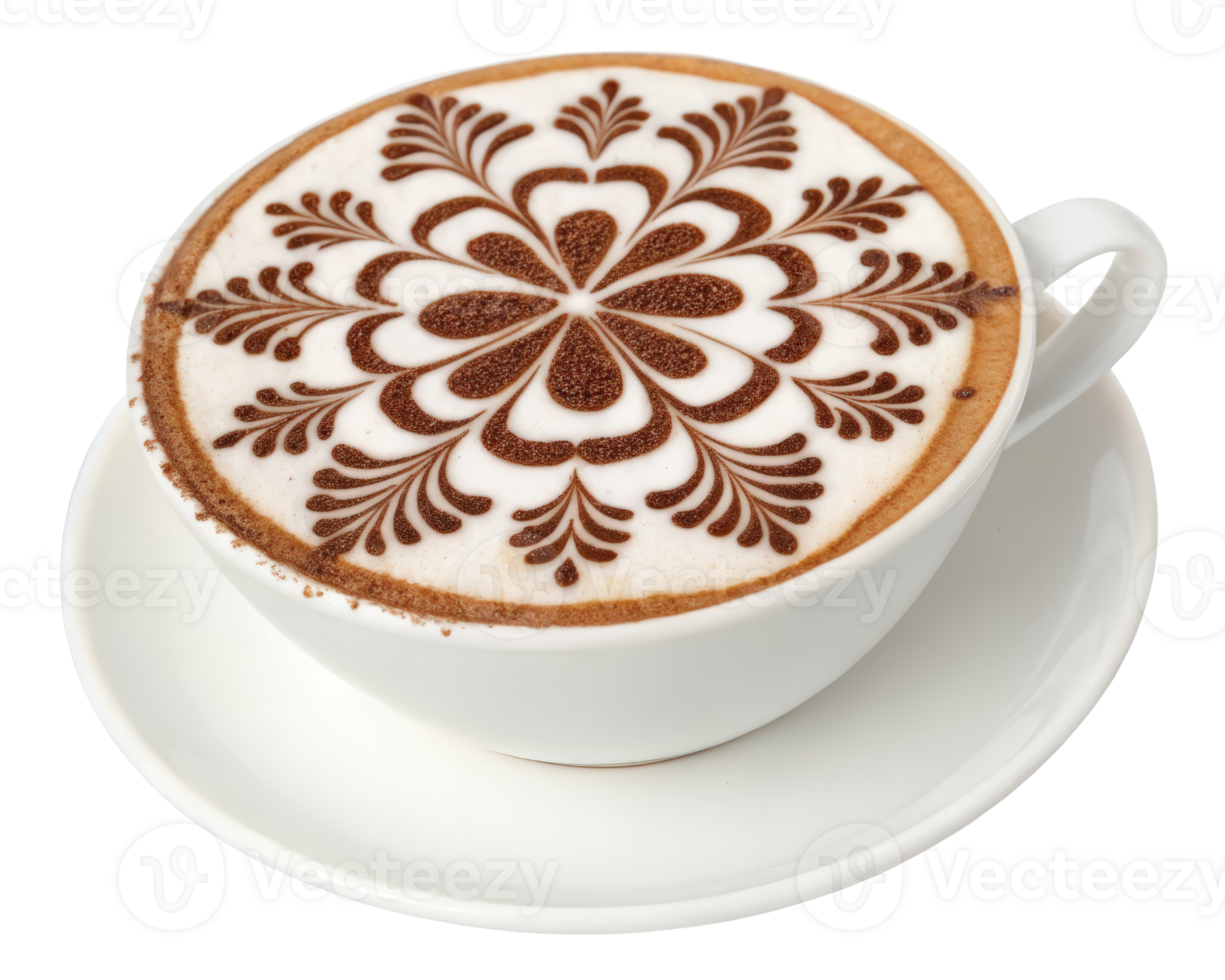 Cappuccino with floral design on a transparent background png