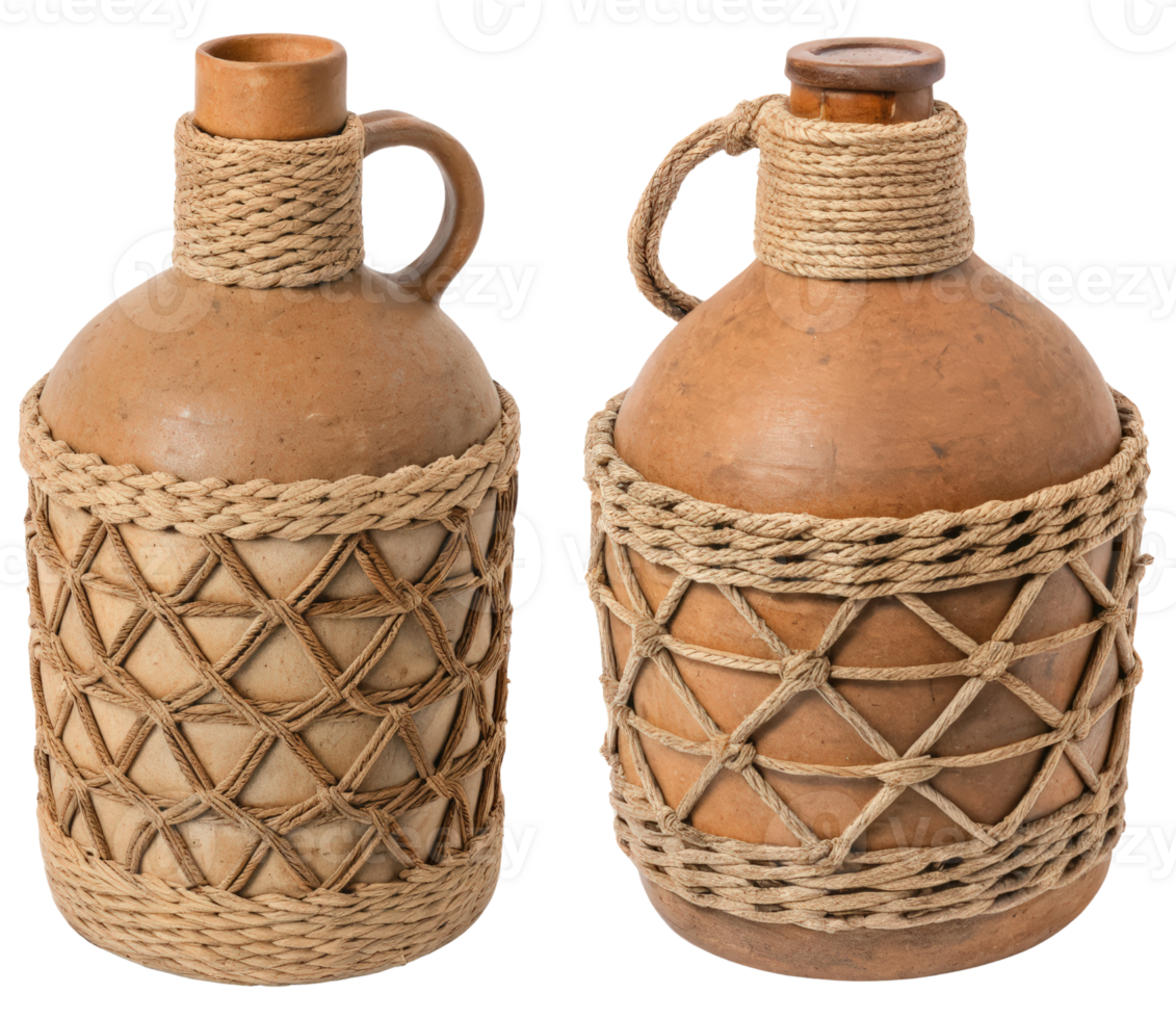 Two rustic clay jugs on a transparent background png