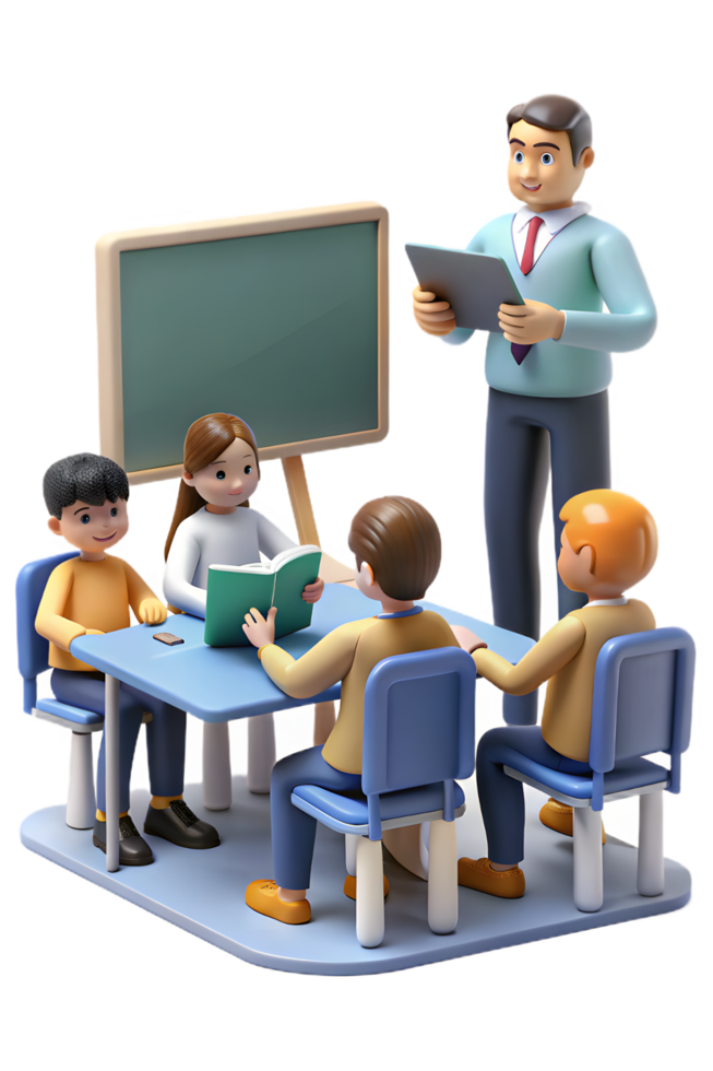 A teacher is teaching students at a table png