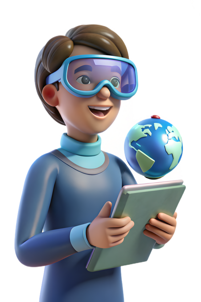 A boy wearing goggles holding a tablet with a globe on it png