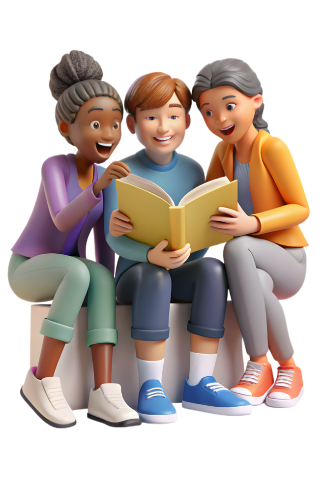 Three people sitting on a bench reading a book png