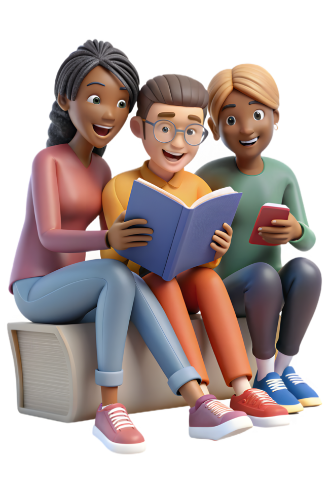 Three people sitting on a couch reading a book png
