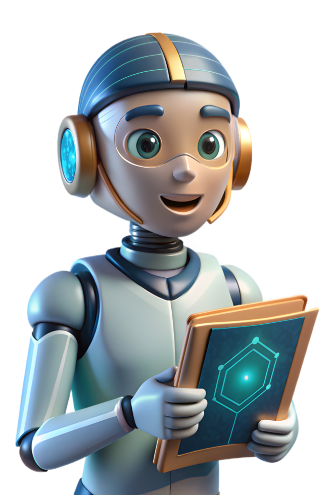 A robot holding a book with headphones on png