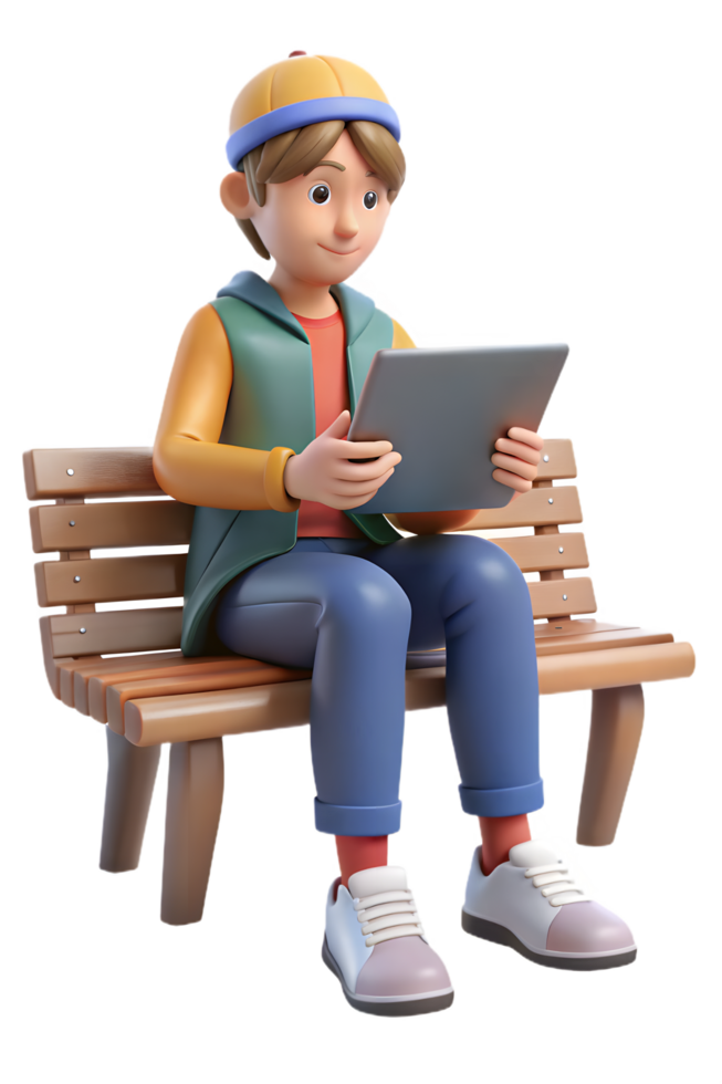 A boy sitting on a bench with a tablet png