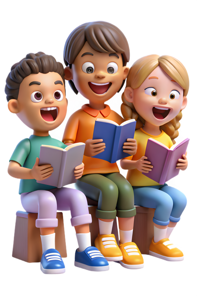 Three children sitting on a bench reading books png