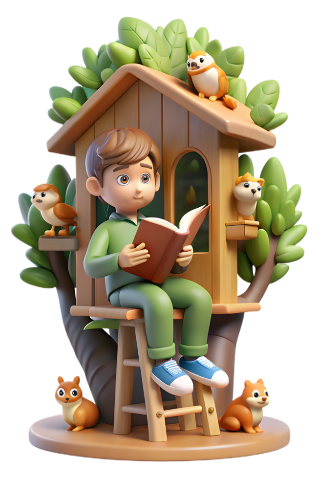 A boy reading a book in a treehouse png