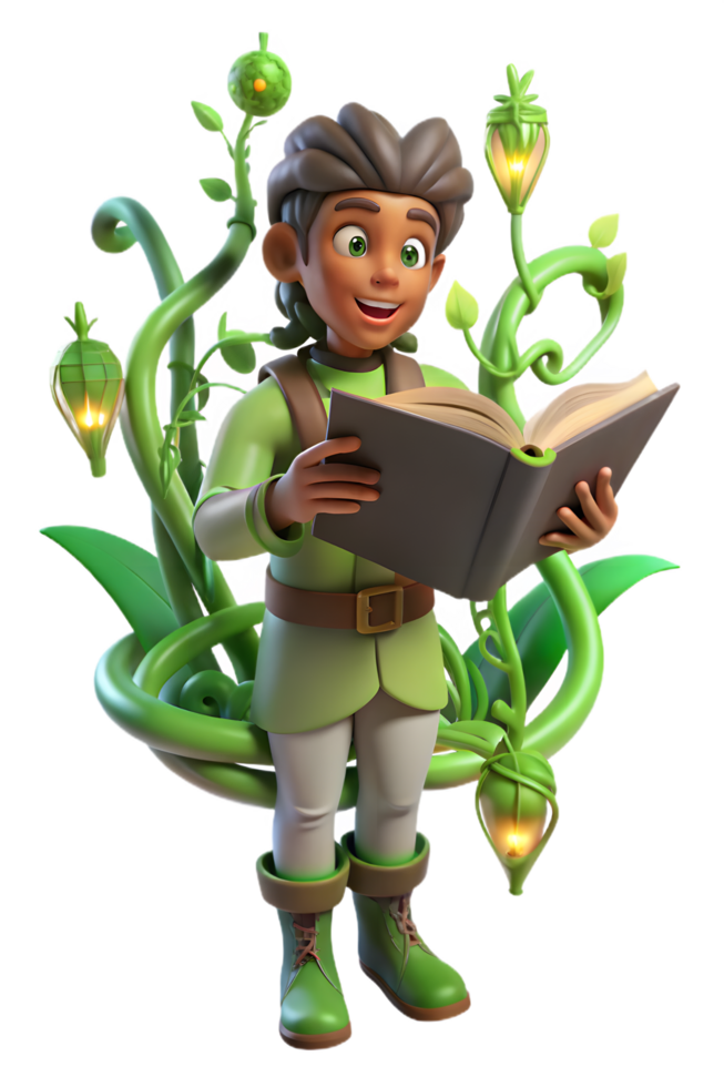 A cartoon boy reading a book with plants around him png