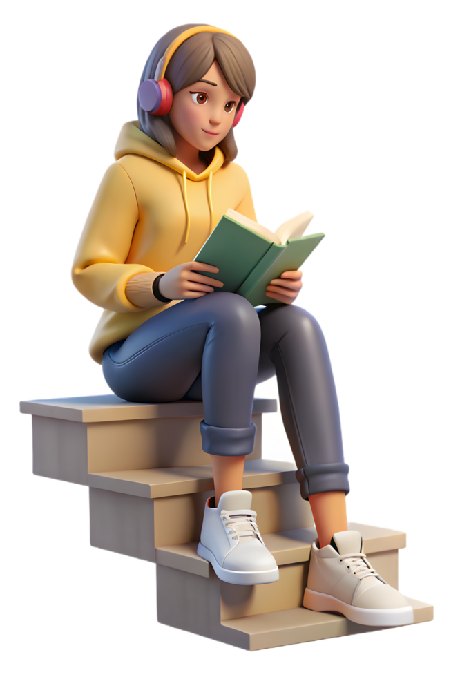 A girl sitting on the stairs reading a book png