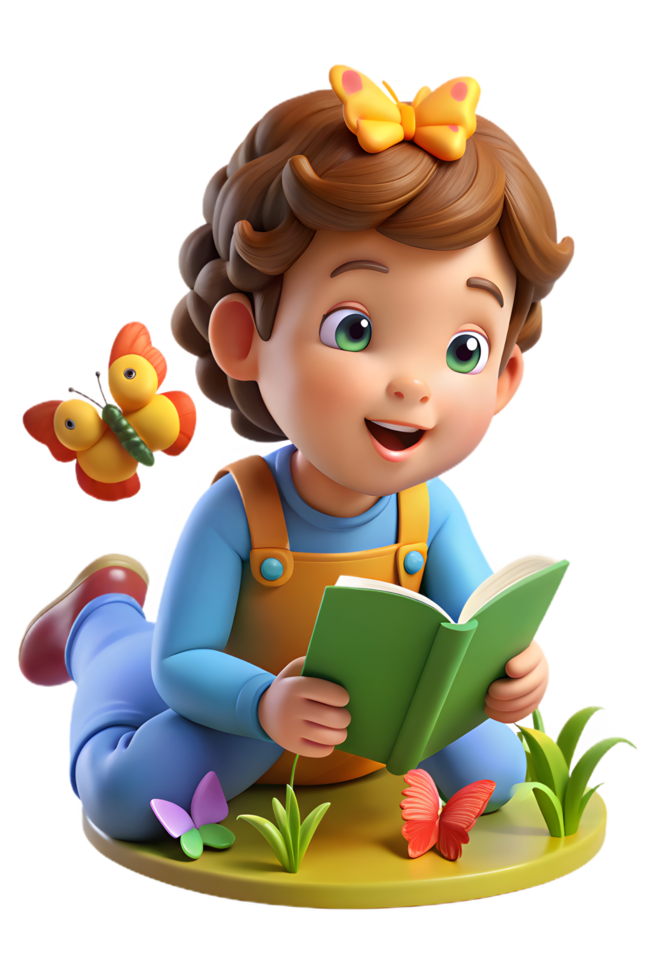 A little girl reading a book with butterflies flying around her png