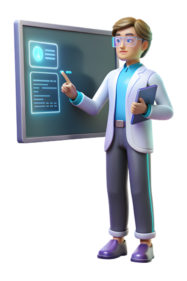 A man in a lab coat is standing in front of a blackboard png