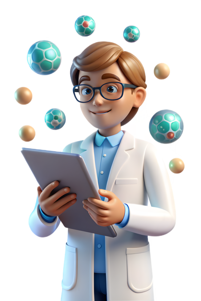 A man in a lab coat holding a tablet with a bunch of bubbles floating around him png