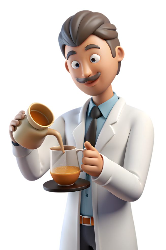 A cartoon man in a white coat pouring coffee into a cup png