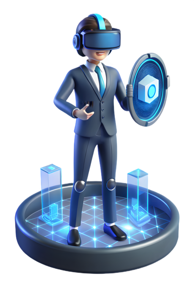 A man in a suit holding a virtual reality headset png