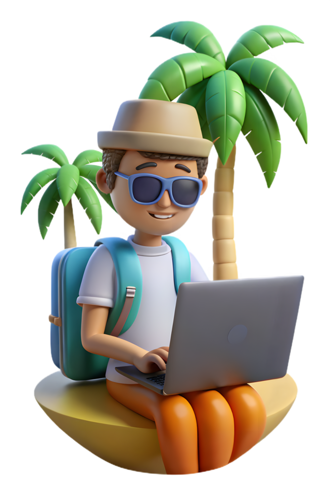 A man in a hat and sunglasses sitting on an island with a laptop png
