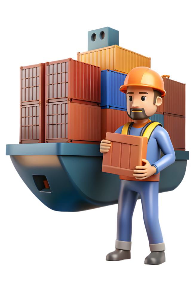 A man in a hard hat and overalls is holding a box with cargo png