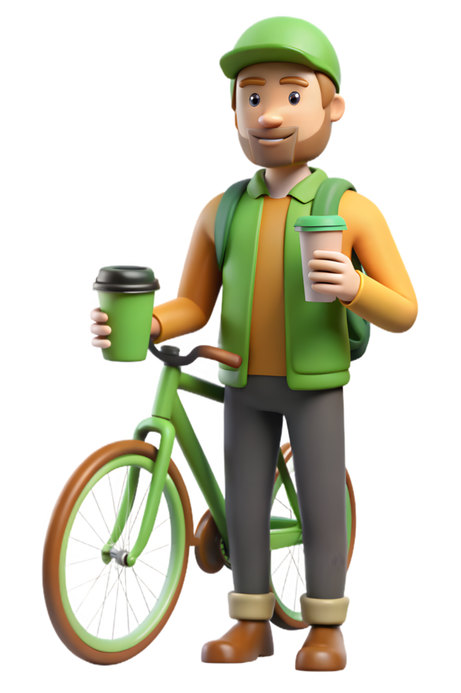 A man with a green bicycle and a cup of coffee png