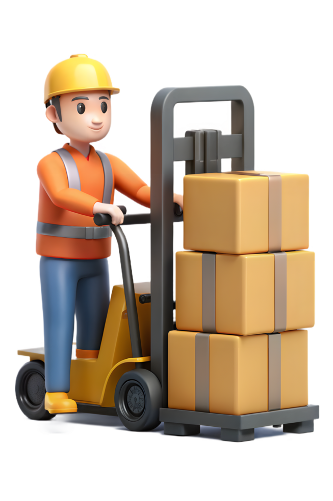 A cartoon worker is moving boxes on a forklift png