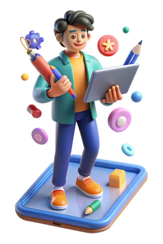 A man holding a laptop and a tablet with a bunch of icons on it png