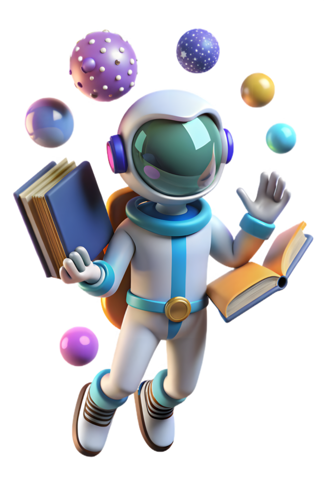 An astronaut with books and bubbles png