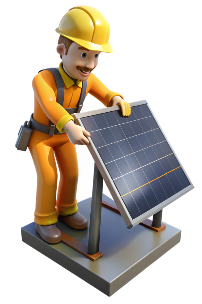 A cartoon worker in an orange uniform holding a solar panel png