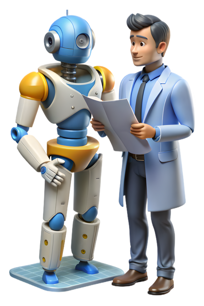 A man in a blue coat and blue tie is standing next to a robot png