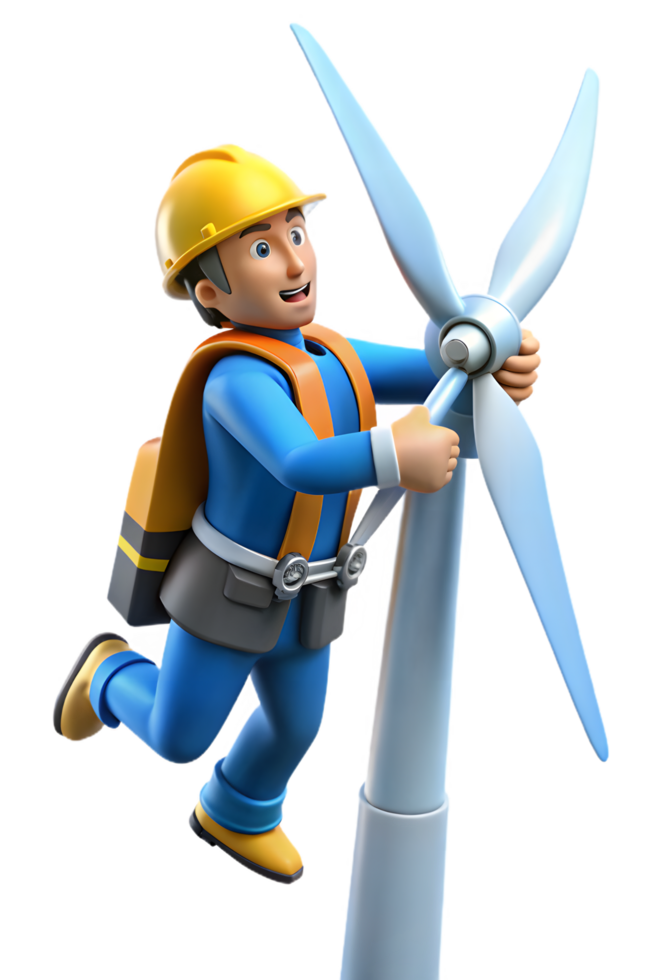 A cartoon worker is holding a wind turbine png