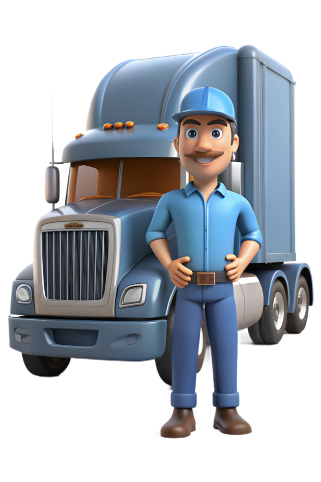 A cartoon man standing next to a large truck png