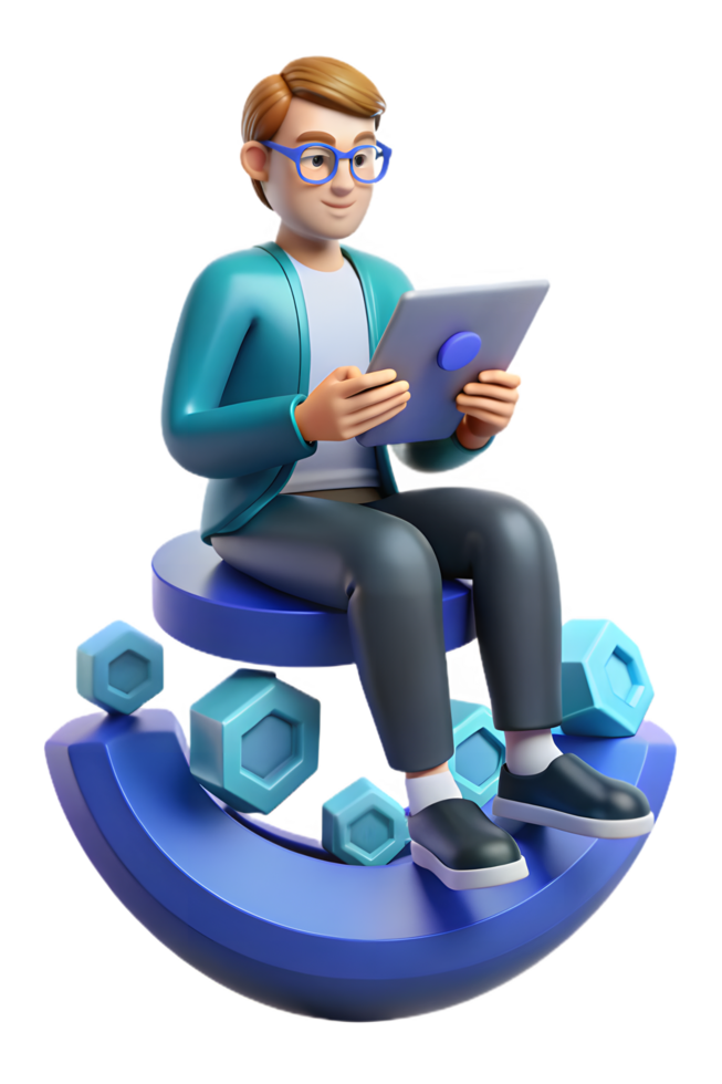 A man sitting on a chair with a tablet computer png
