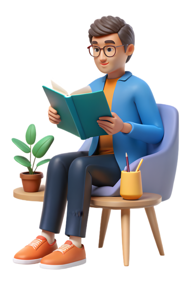 Man reading book on chair with plant png