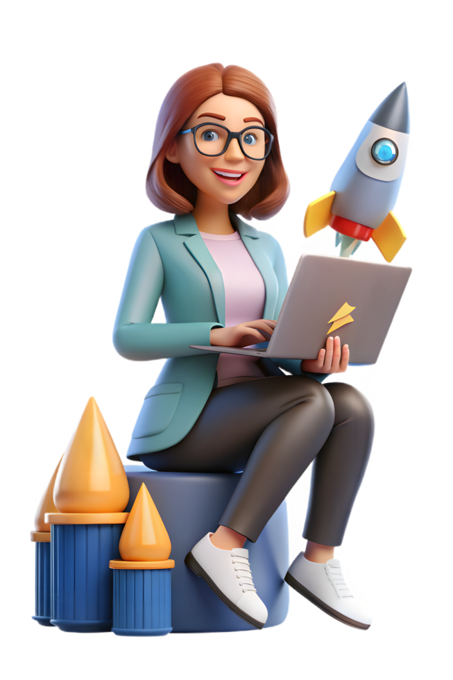 A woman sitting on a chair with a laptop and rocket png