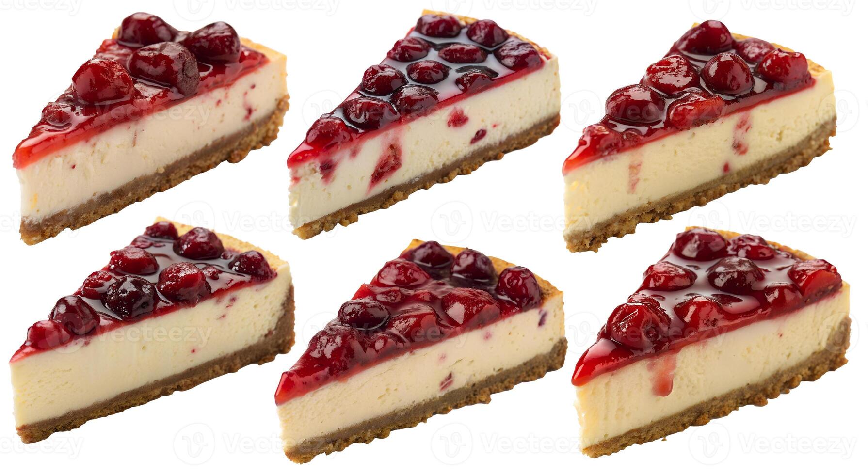 A set of cheesecake slices with cherries on a white background. photo
