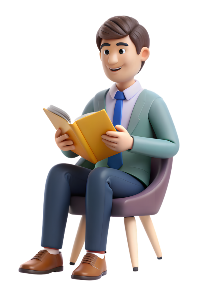A man in a suit sitting on a chair reading a book png
