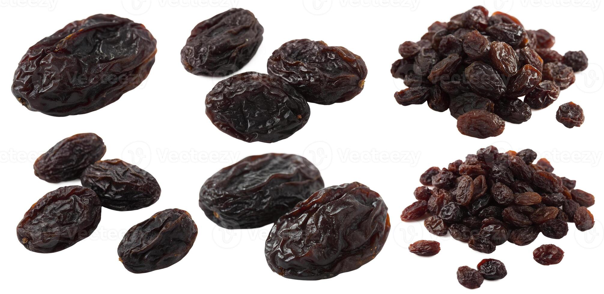 Set of black raisins isolated on a white background, dried fruits photo