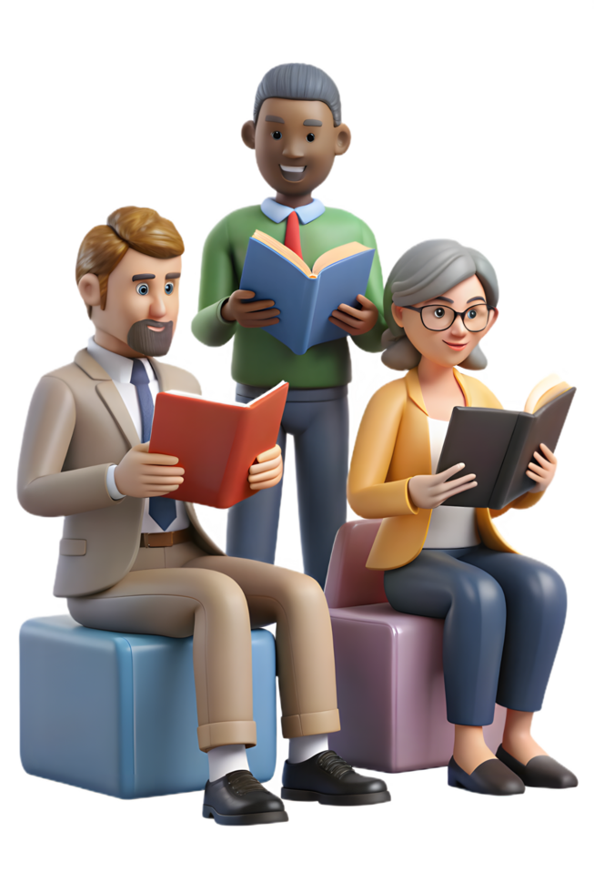 Three people sitting on a box reading books png