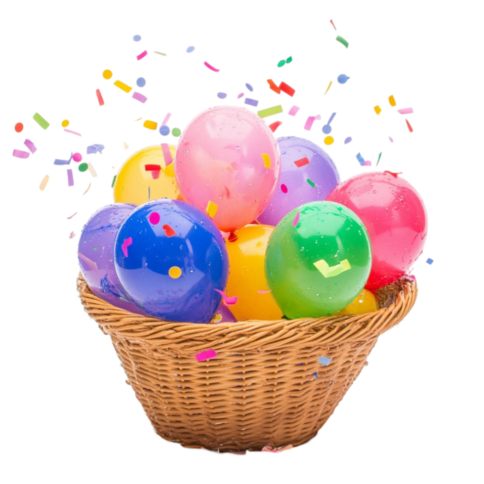 balloons in a basket with confetti on a transparent background png