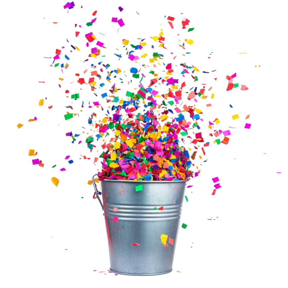 a bucket filled with confetti on a white background png