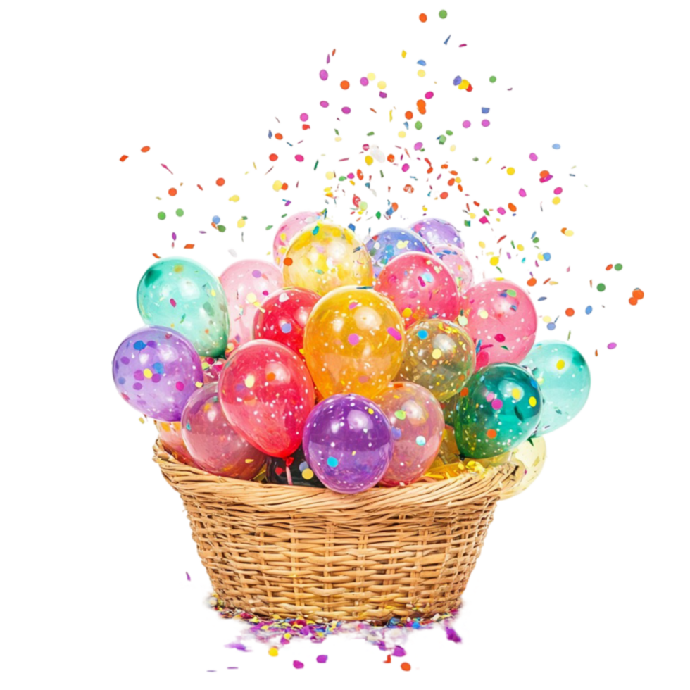unbirthday balloons in a basket on a white backgrod png