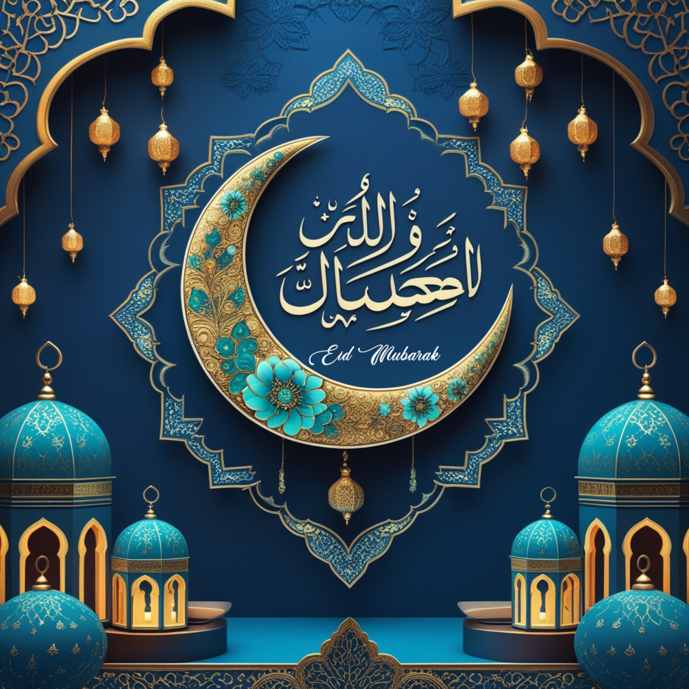 Beautiful Eid Mubarak crescent moon with Eid Ul Fitr Idul Fitri and Eid Al Fitr Mubarek background psd