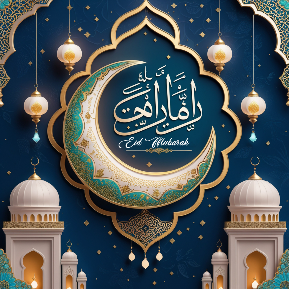 Eid Mubarak mosque with glowing Eid Ul Fitr Idul Fitri and Eid Al Fitr Mubarek festive lights psd