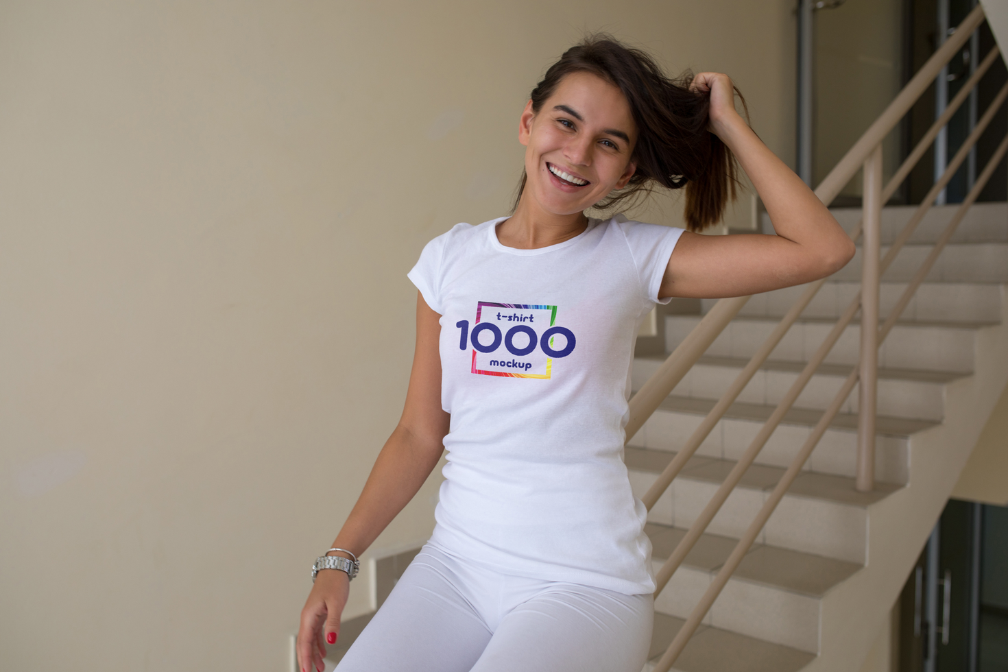 Smiling Woman Wearing White T-Shirt Mockup on Staircase psd