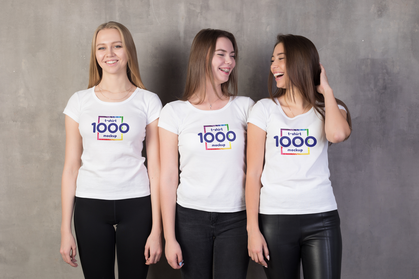 Three Young Women Smiling in White T-Shirts with a Logo Mockup psd