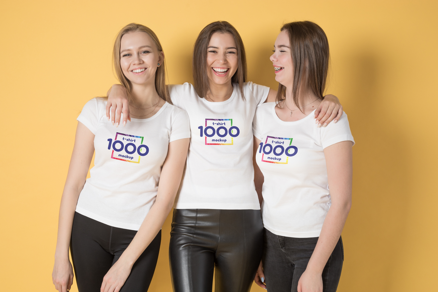 Three Young Women Friends Wearing Matching White T-Shirts with Logo Design Mockup psd