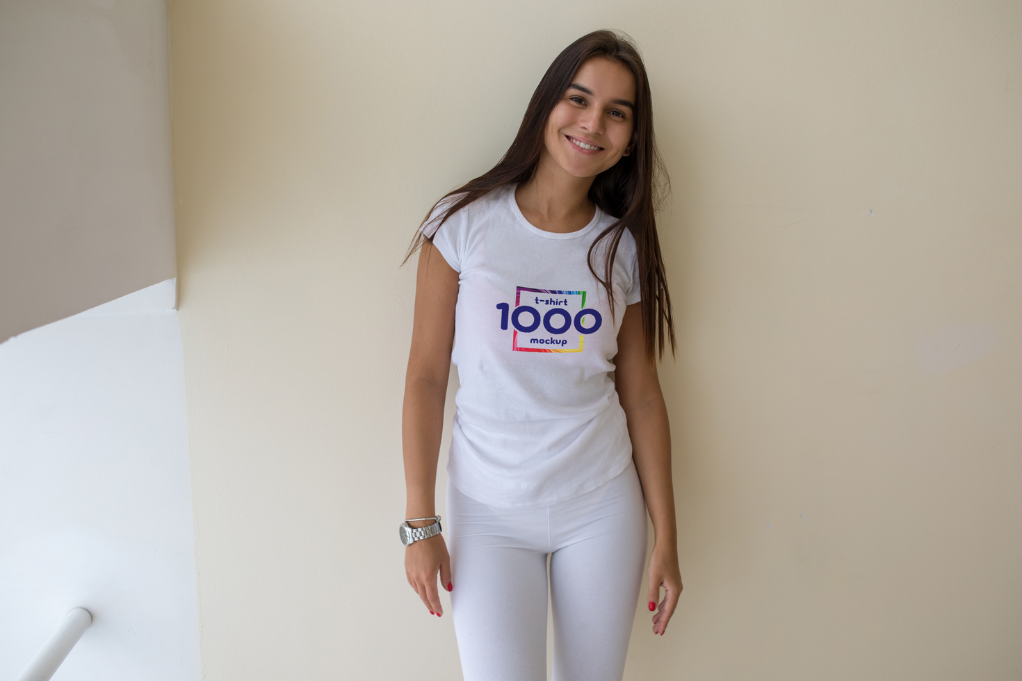 Young Woman in White T-Shirt with Colorful Logo Design Mockup psd
