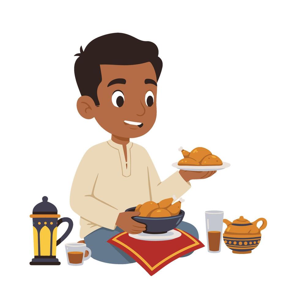 Islamic Festive Gathering With Ramadan Lanterns and Delicious Food vector